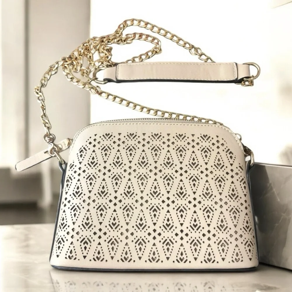Francesca’s Collection Tan Cream Faux Leather Crossbody Purse w/50” Strap EUC